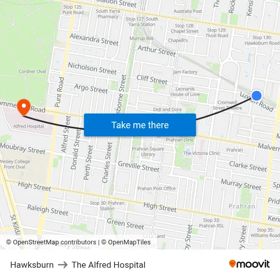 Hawksburn to The Alfred Hospital map
