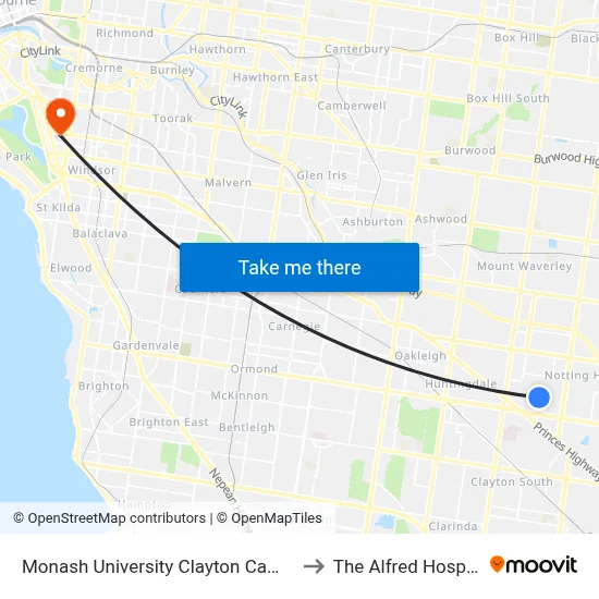 Monash University Clayton Campus to The Alfred Hospital map
