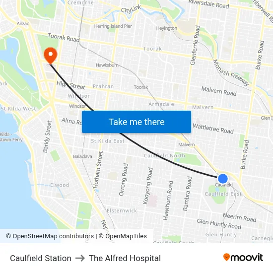 Caulfield Station to The Alfred Hospital map