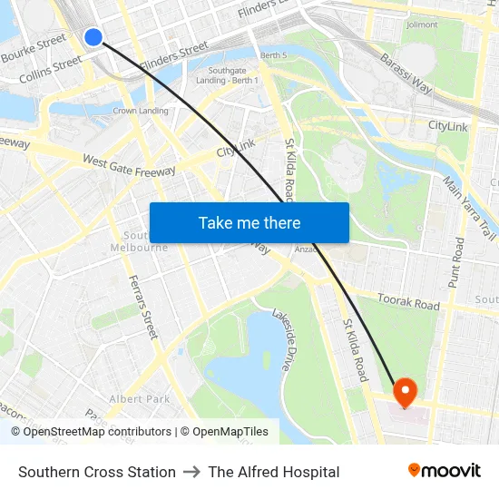 Southern Cross Station to The Alfred Hospital map