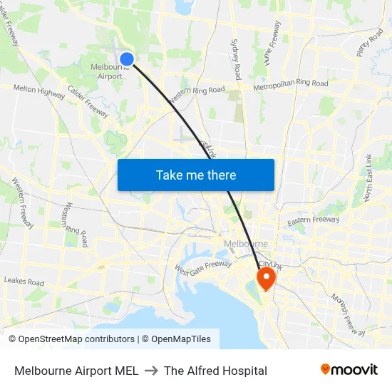 Melbourne Airport MEL to The Alfred Hospital map