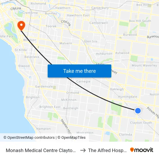 Monash Medical Centre Clayton Rd to The Alfred Hospital map