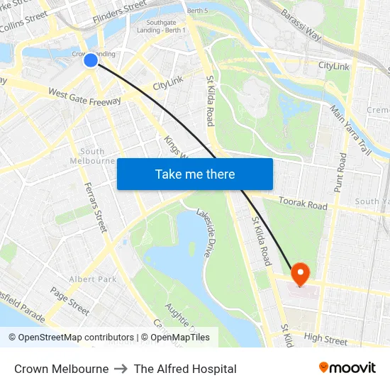Crown Melbourne to The Alfred Hospital map