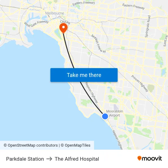 Parkdale Station to The Alfred Hospital map