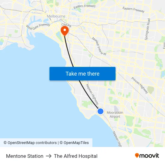 Mentone Station to The Alfred Hospital map