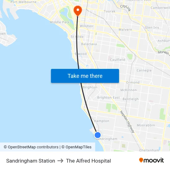 Sandringham Station to The Alfred Hospital map