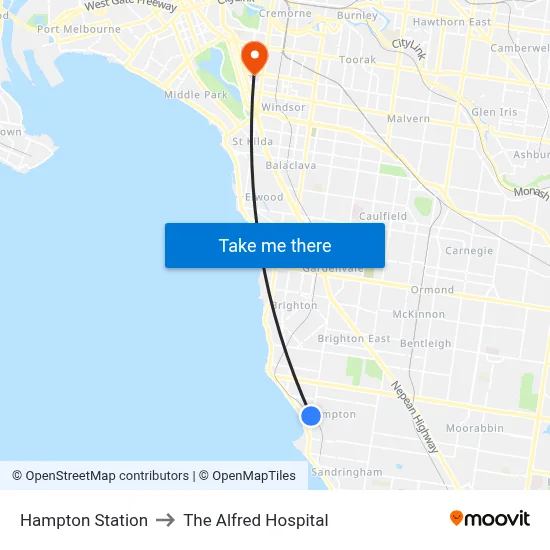 Hampton Station to The Alfred Hospital map