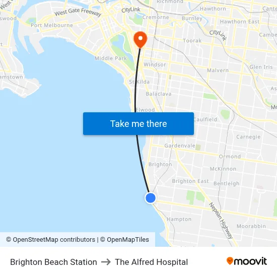 Brighton Beach Station to The Alfred Hospital map