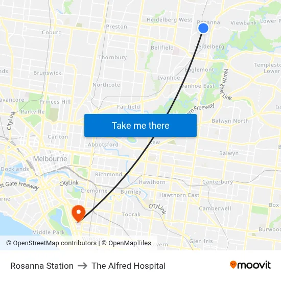 Rosanna Station to The Alfred Hospital map