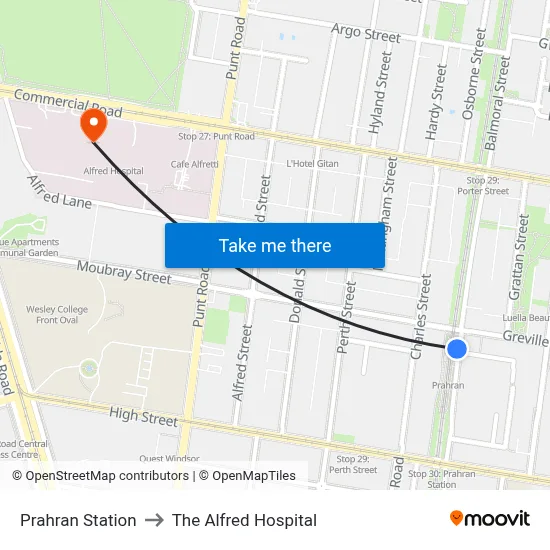 Prahran Station to The Alfred Hospital map