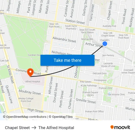 Chapel Street to The Alfred Hospital map