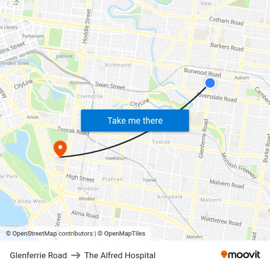 Glenferrie Road to The Alfred Hospital map