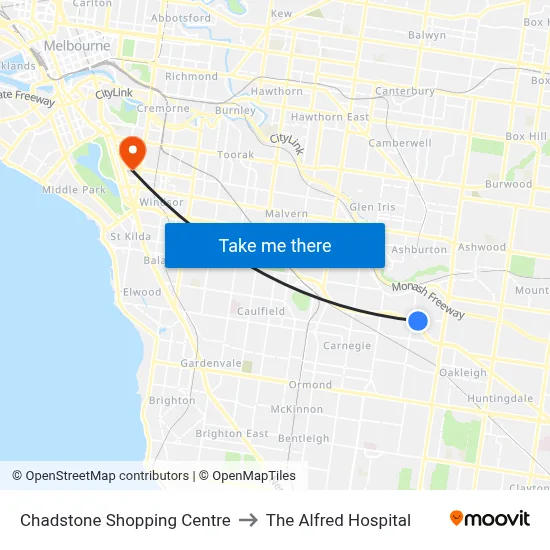 Chadstone Shopping Centre to The Alfred Hospital map