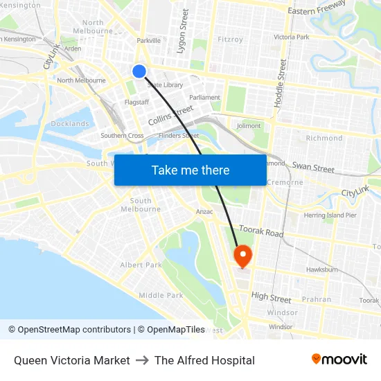 Queen Victoria Market to The Alfred Hospital map