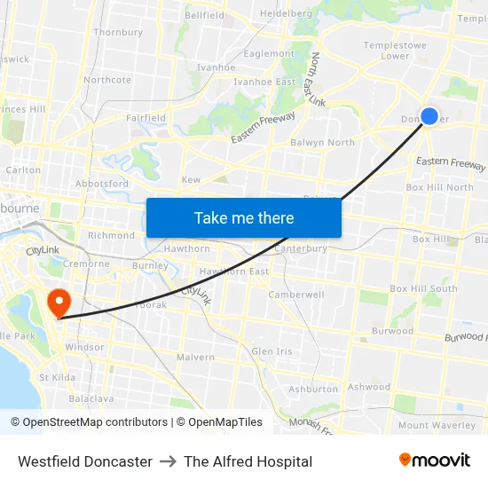 Westfield Doncaster to The Alfred Hospital map