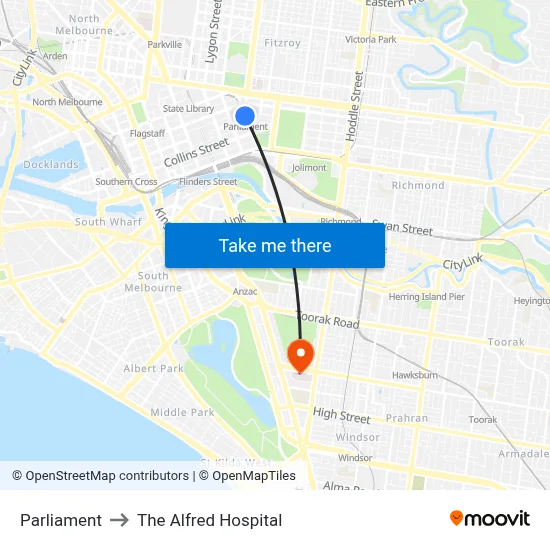 Parliament to The Alfred Hospital map