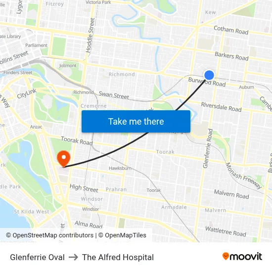 Glenferrie Oval to The Alfred Hospital map