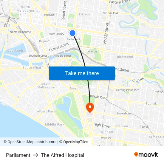 Parliament to The Alfred Hospital map