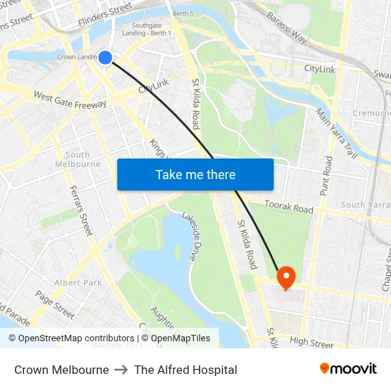 Crown Melbourne to The Alfred Hospital map