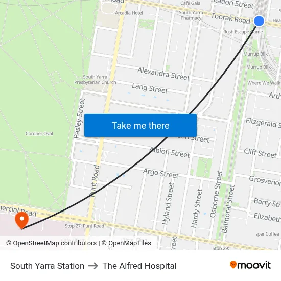South Yarra Station to The Alfred Hospital map