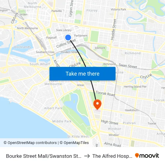 Bourke Street Mall/Swanston St #10 to The Alfred Hospital map