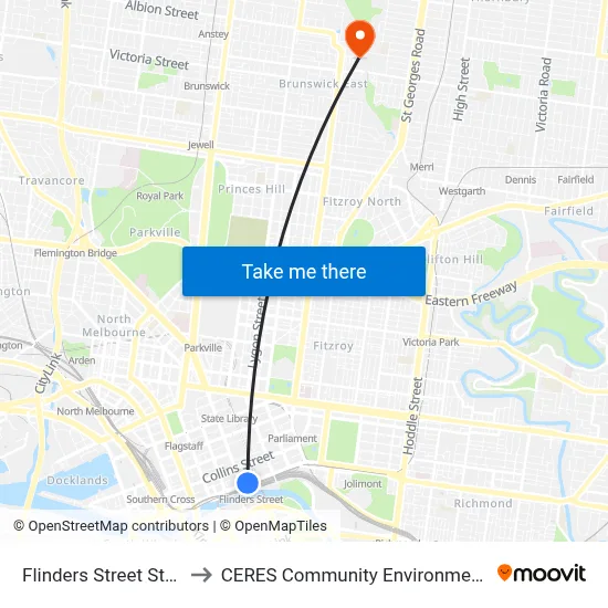 Flinders Street Station to CERES Community Environment Park map