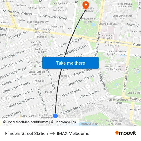 Flinders Street Station to IMAX Melbourne map