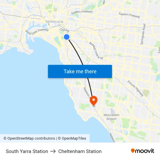 South Yarra Station to Cheltenham Station map