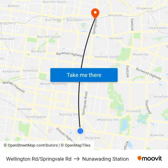 Wellington Rd/Springvale Rd to Nunawading Station map