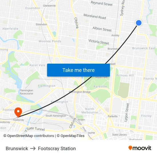 Brunswick to Footscray Station map