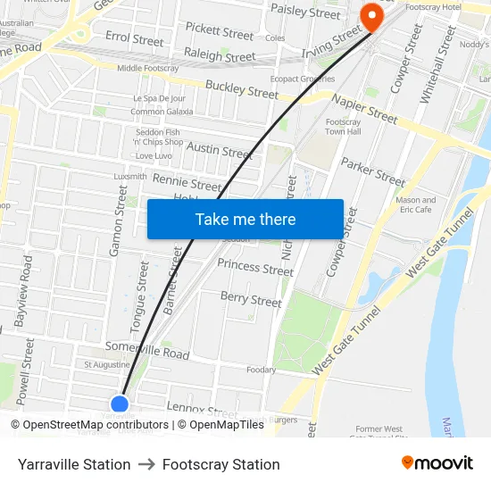 Yarraville Station to Footscray Station map