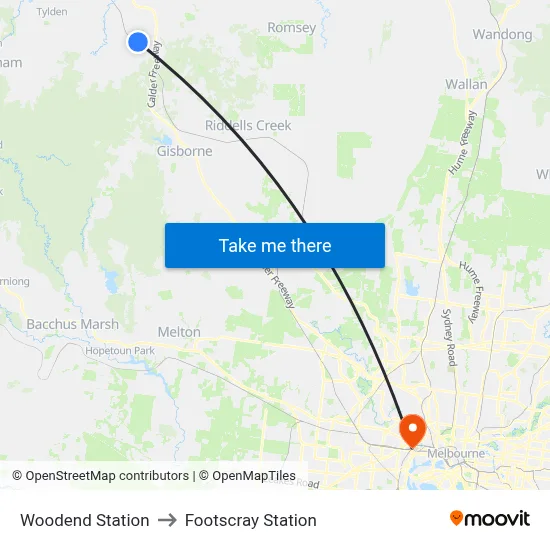 Woodend Station to Footscray Station map