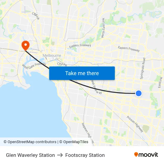 Glen Waverley Bus Interchange to Footscray Station map