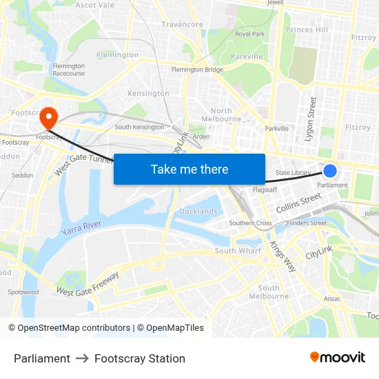 Parliament to Footscray Station map