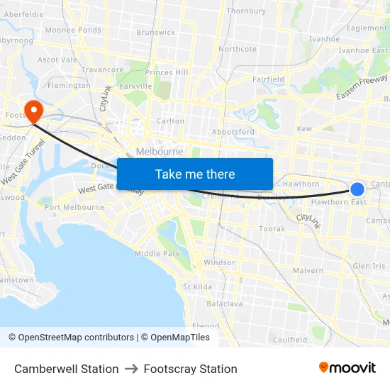 Camberwell Station to Footscray Station map