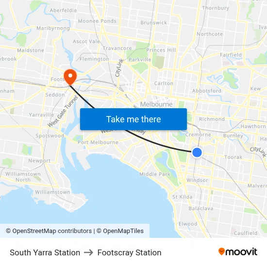 South Yarra Station to Footscray Station map