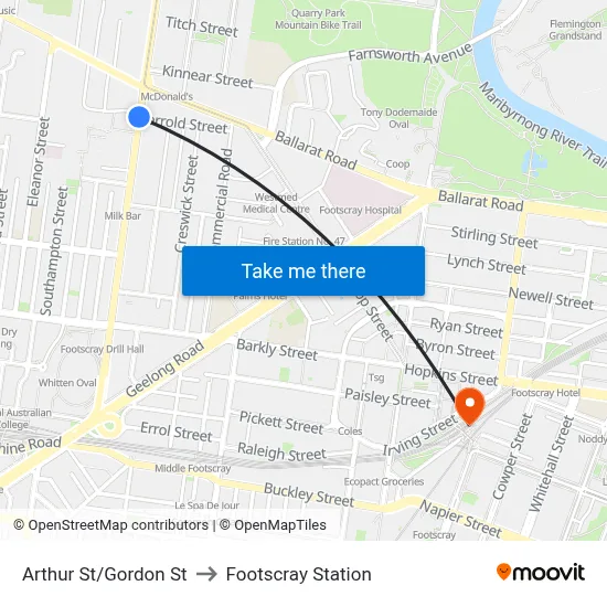 Arthur St/Gordon St to Footscray Station map