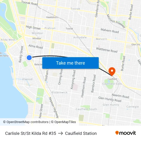 Carlisle St/St Kilda Rd #35 to Caulfield Station map