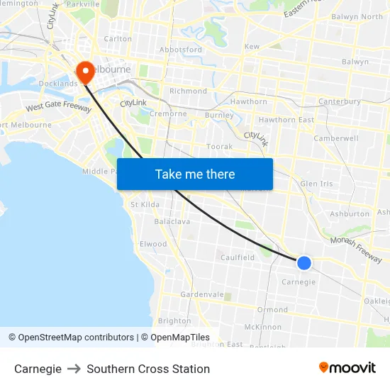 Carnegie to Southern Cross Station map