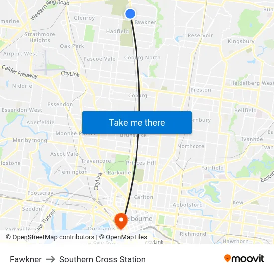 Fawkner to Southern Cross Station map