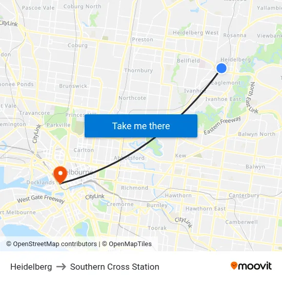 Heidelberg to Southern Cross Station map