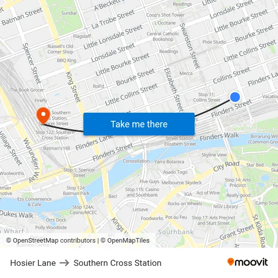Hosier Lane to Southern Cross Station map