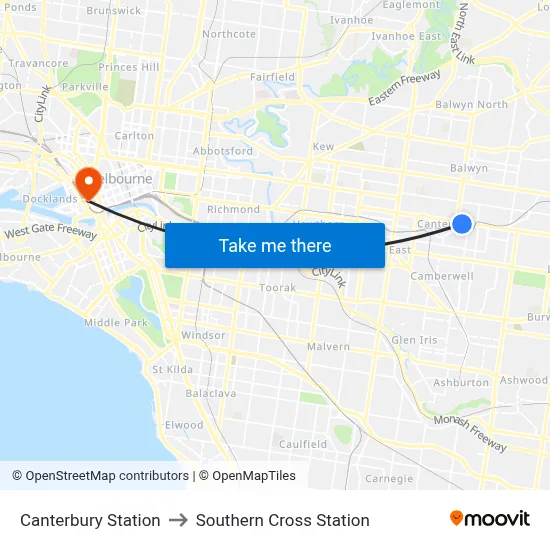 Canterbury Station to Southern Cross Station map