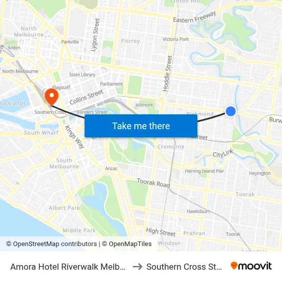 Amora Hotel Riverwalk Melbourne to Southern Cross Station map