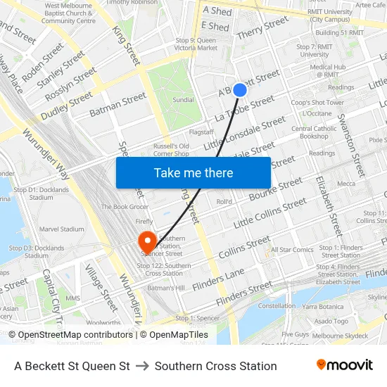 A Beckett St Queen St to Southern Cross Station map