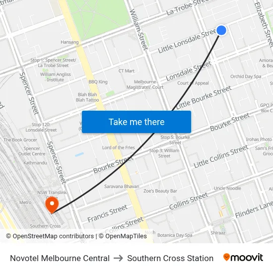 Novotel Melbourne Central to Southern Cross Station map
