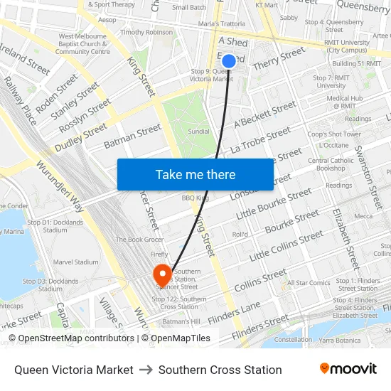 Queen Victoria Market to Southern Cross Station map
