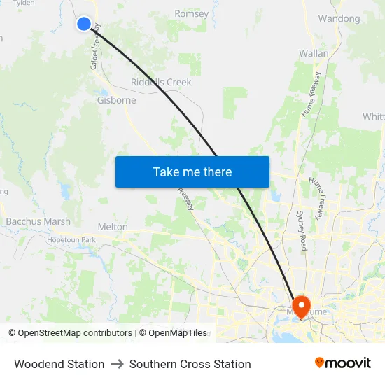 Woodend Station to Southern Cross Station map