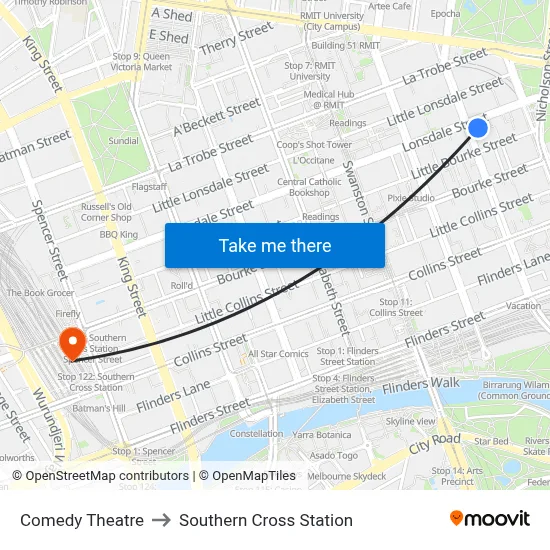 Comedy Theatre to Southern Cross Station map
