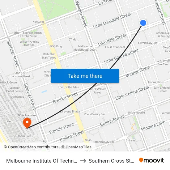 Melbourne Institute Of Technology to Southern Cross Station map